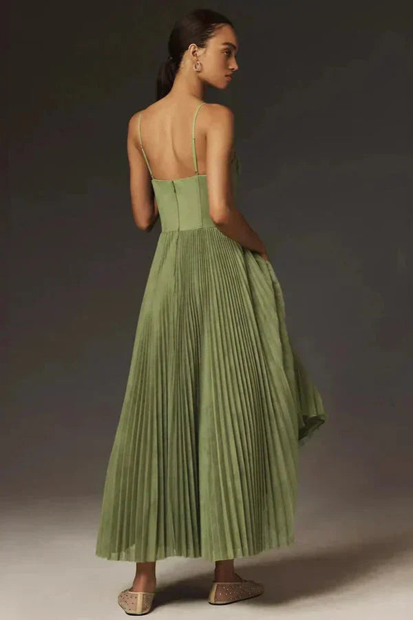 Women's summer green strappy maxi dress with elegant pleats, ideal for special events