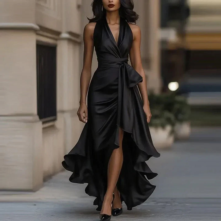 Flowing high-low hem party dress for women, a stylish wedding guest or cocktail maxi gown.