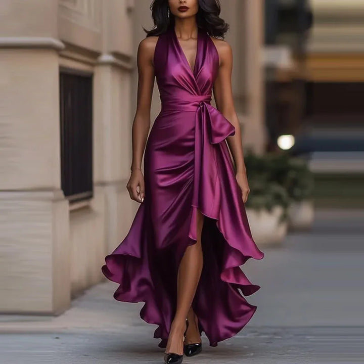 Beautiful formal prom dress: a women's elegant halter maxi gown featuring a dramatic high-low hem.