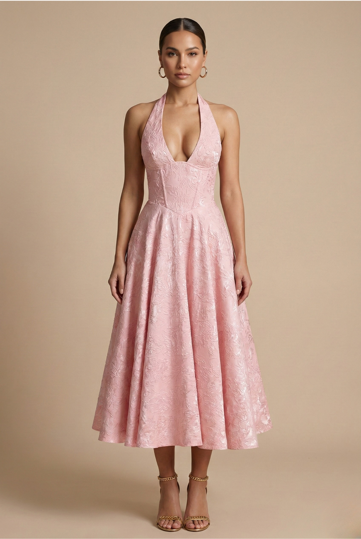 Elegant women's halter neck A-line midi dress. Perfect wedding guest or party attire.