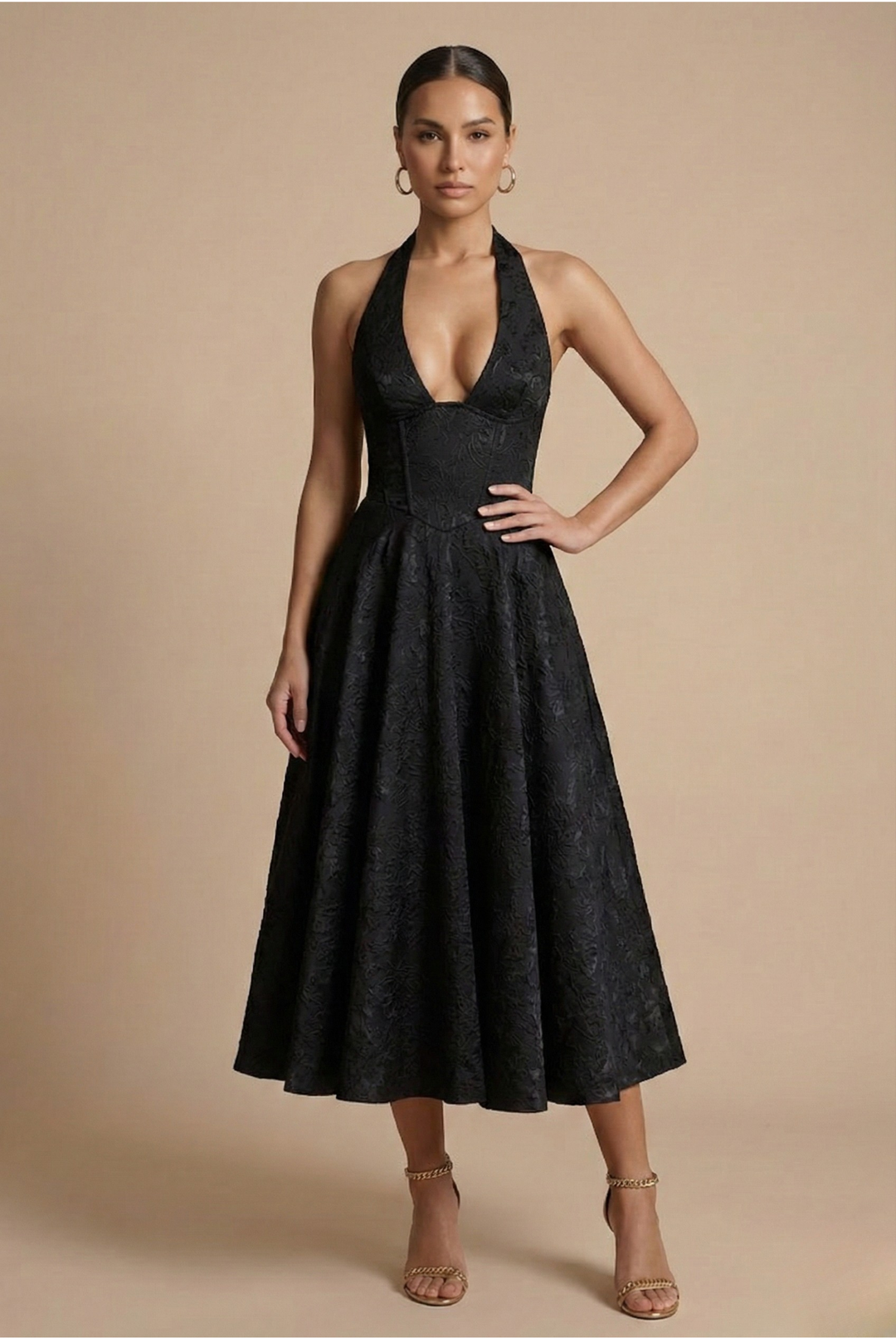 Sophisticated women's halter neck corset midi dress, A-line cut. Perfect formal or wedding guest attire.
