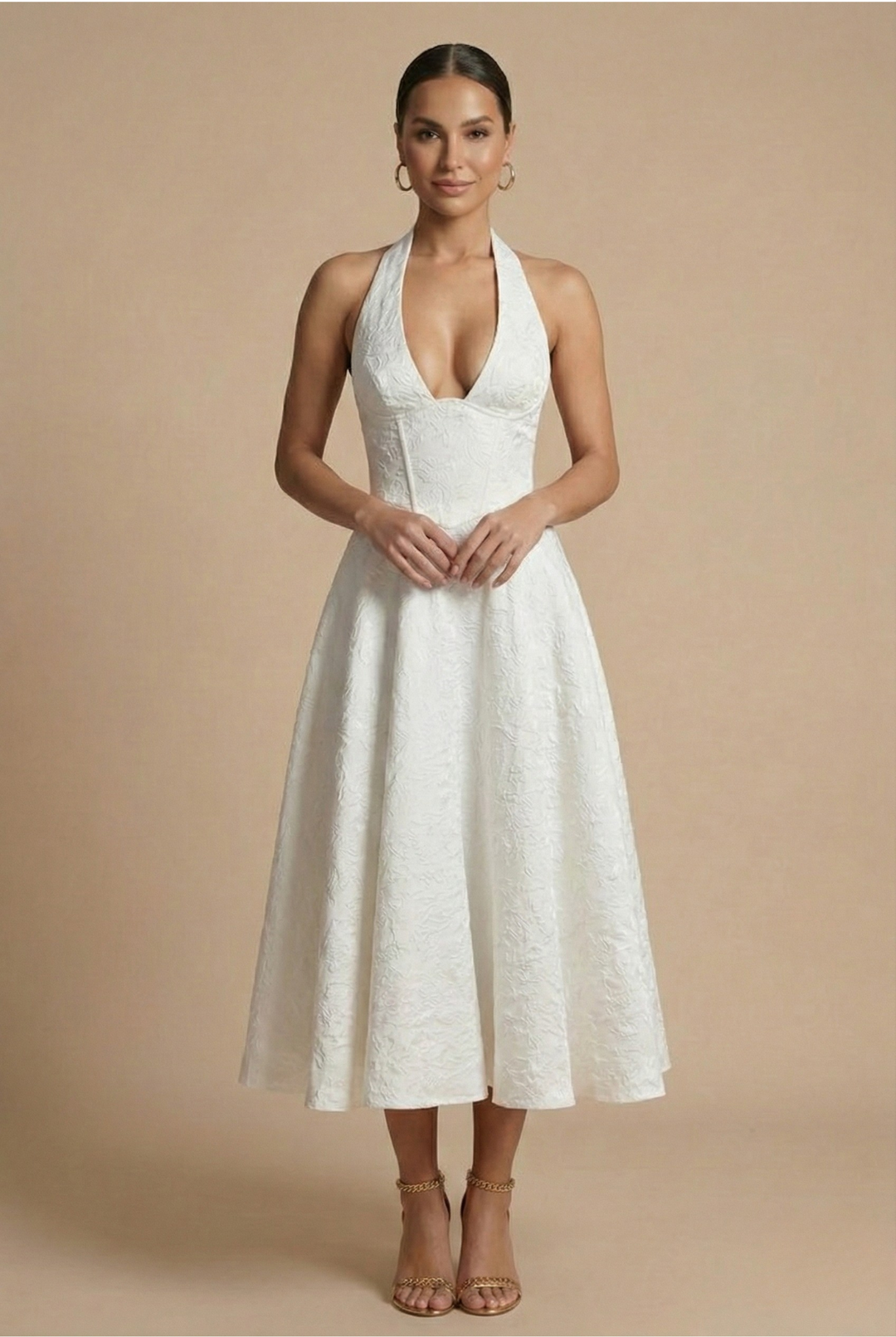 Women's formal halter neck corset A-line midi dress. Elegant choice for wedding guests & special occasions.