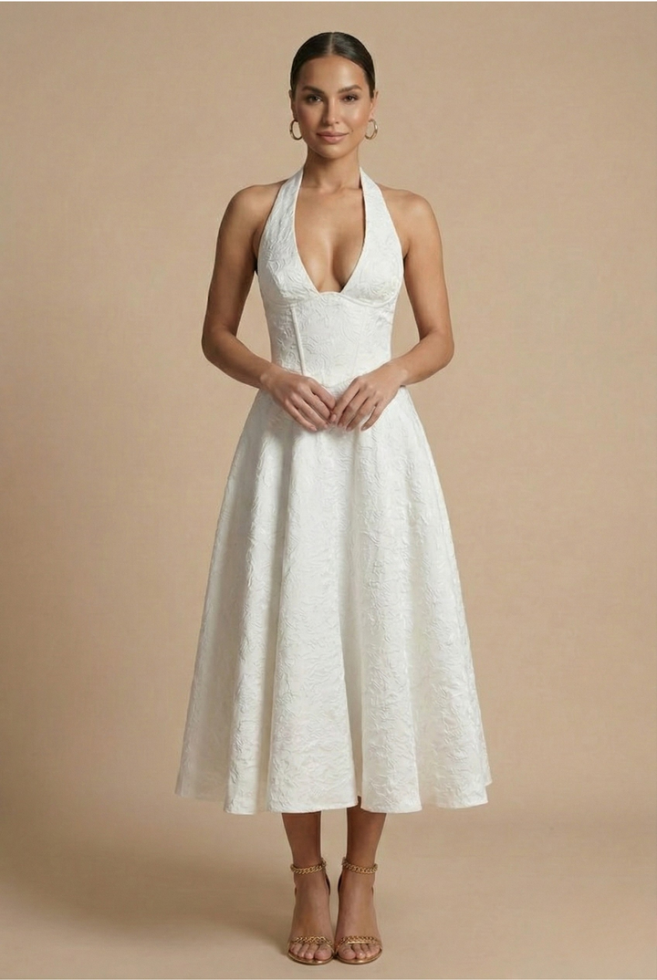 Women's formal halter neck corset A-line midi dress. Elegant choice for wedding guests & special occasions.
