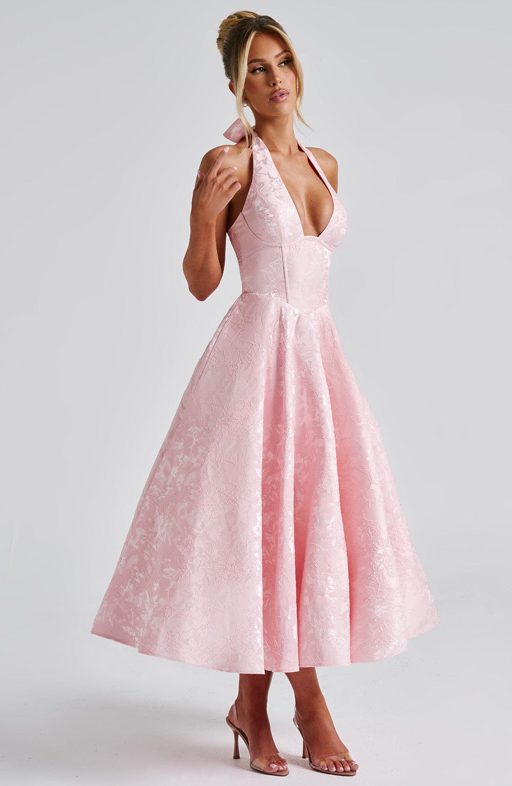 Stylish halter neck midi dress, perfect for cocktail parties and summer evening events