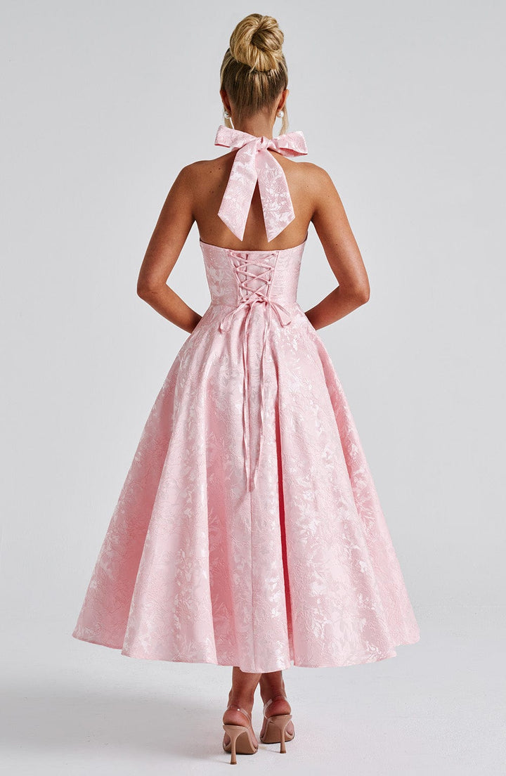 Women's formal midi dress with a chic halter neckline, ideal for special occasions