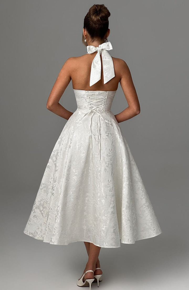 Sophisticated women's halter neck midi dress, a stunning choice for formal gatherings