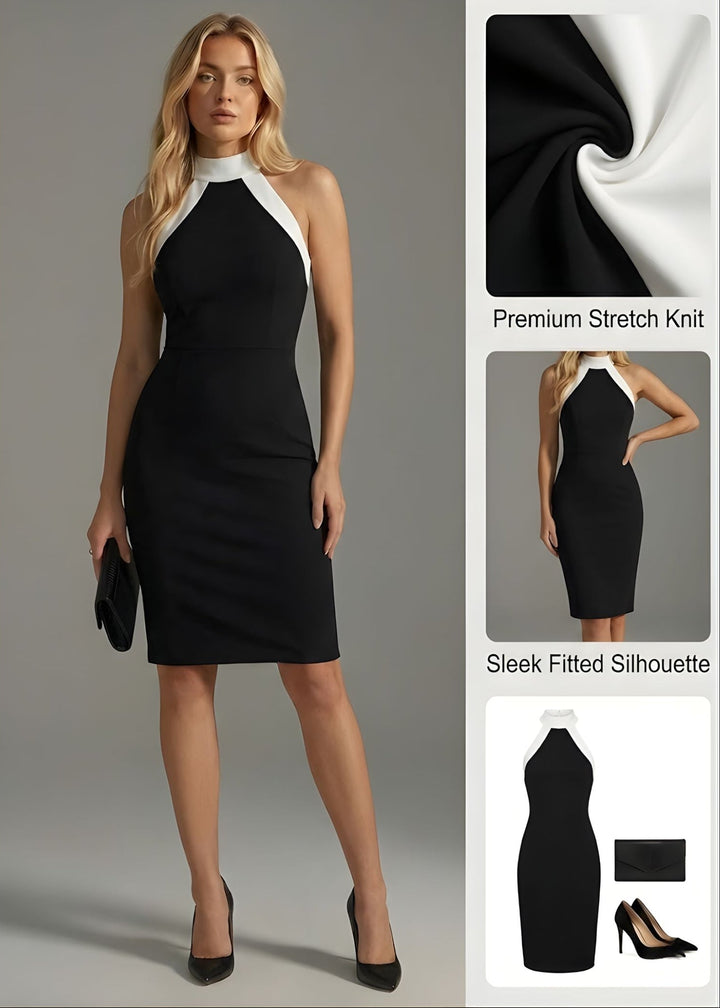 Elegant women's halter neck midi dress with stylish contrast trim, perfect for formal occasions.