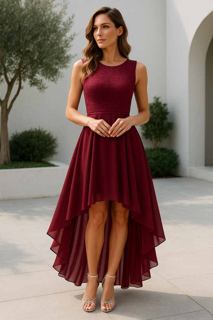 Elegant women's high-low wedding guest dress, perfect for formal occasions and evening wear.