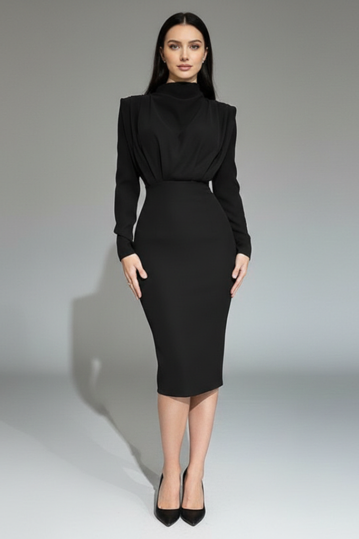 Elegant high neck long sleeve maxi gown for women, perfect for formal events or evening parties.
