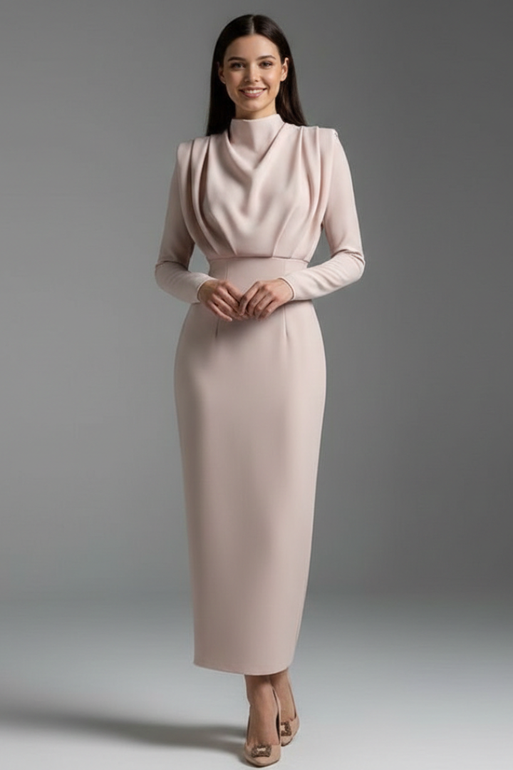 Women's high neck long sleeve maxi dress, available in pink, wine red, grey & black.