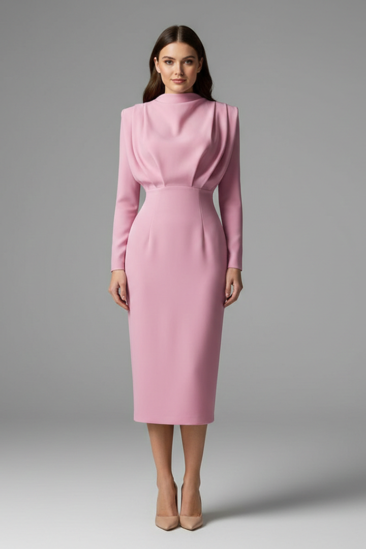 Pink elegant high neck long sleeve maxi dress, perfect for parties or evening wear.