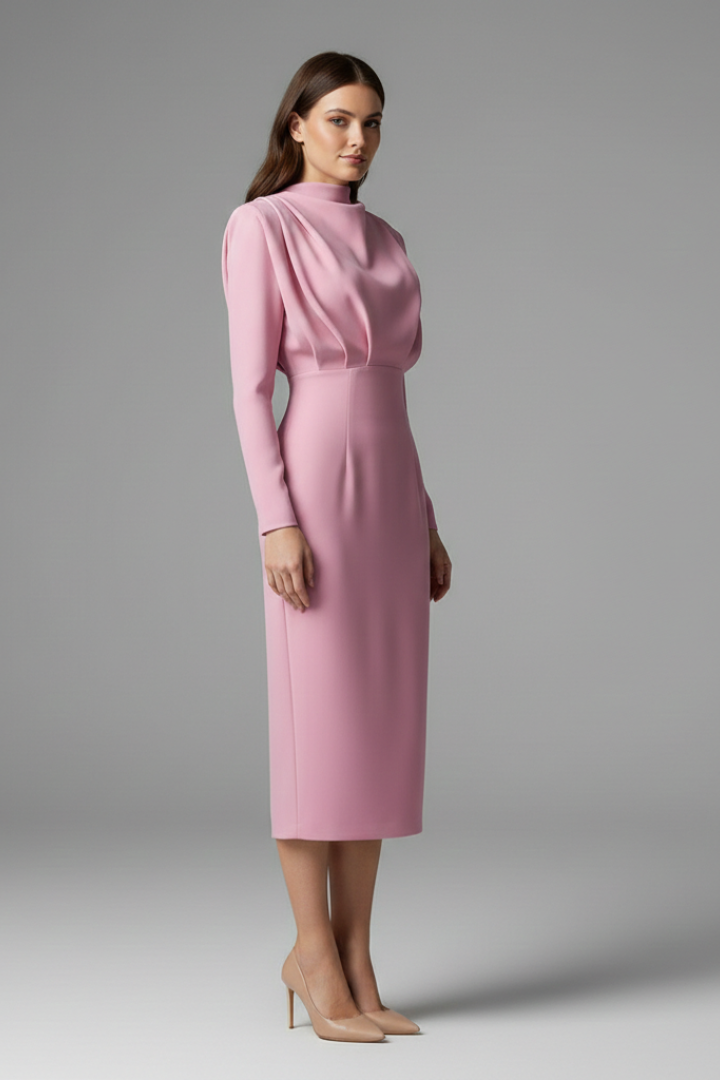 Wine red elegant high neck long sleeve maxi dress, a chic choice for any season.