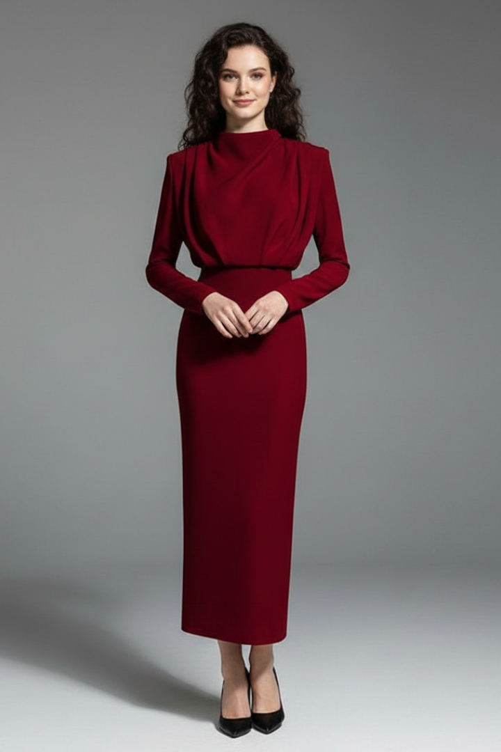 Women's elegant long sleeve maxi dress with high neck, suitable for evening, party or casual chic.