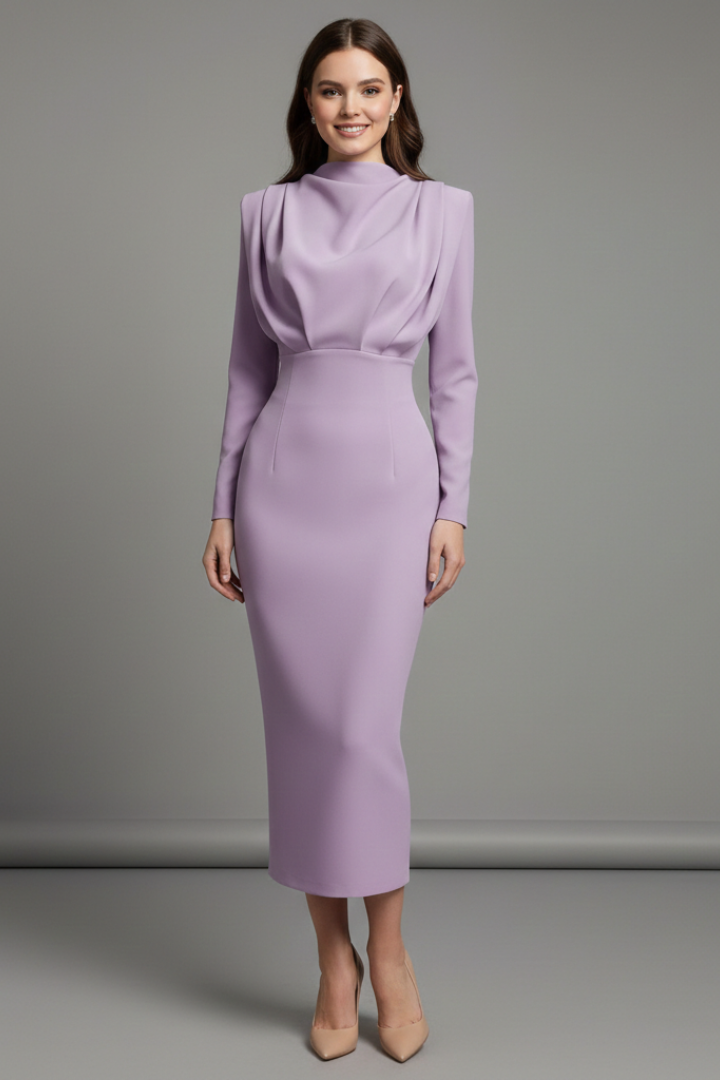 Versatile high neck long sleeve maxi dress for women, offering modest fashion & elegant style.