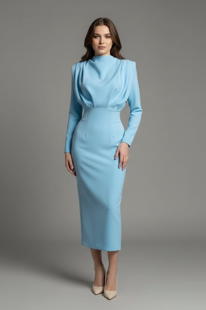 Chic women's long sleeve maxi dress with a high neck, perfect for all-season elegant wear.