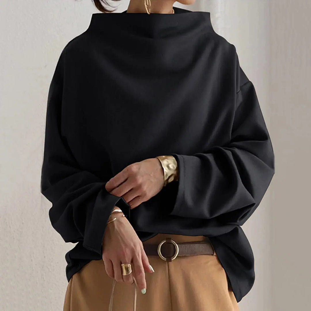 Elegant women's high-neck long-sleeve top in black, perfect for a sophisticated and versatile modern style.
