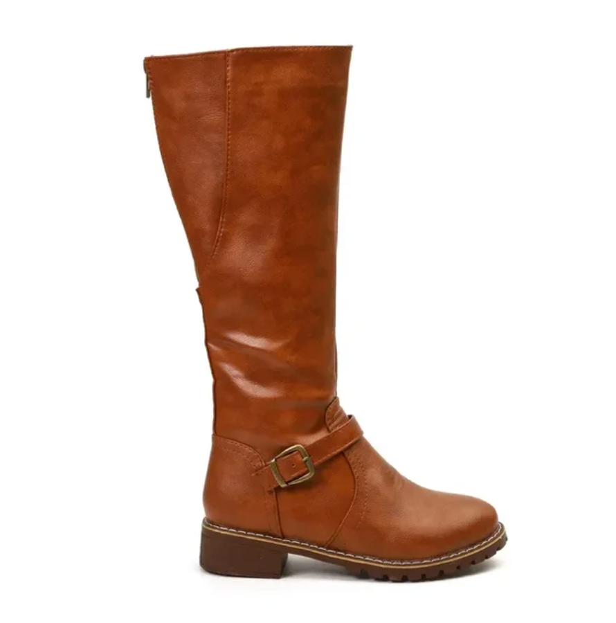Side view of women's knee-high leather boots, highlighting the shaft and heel detail