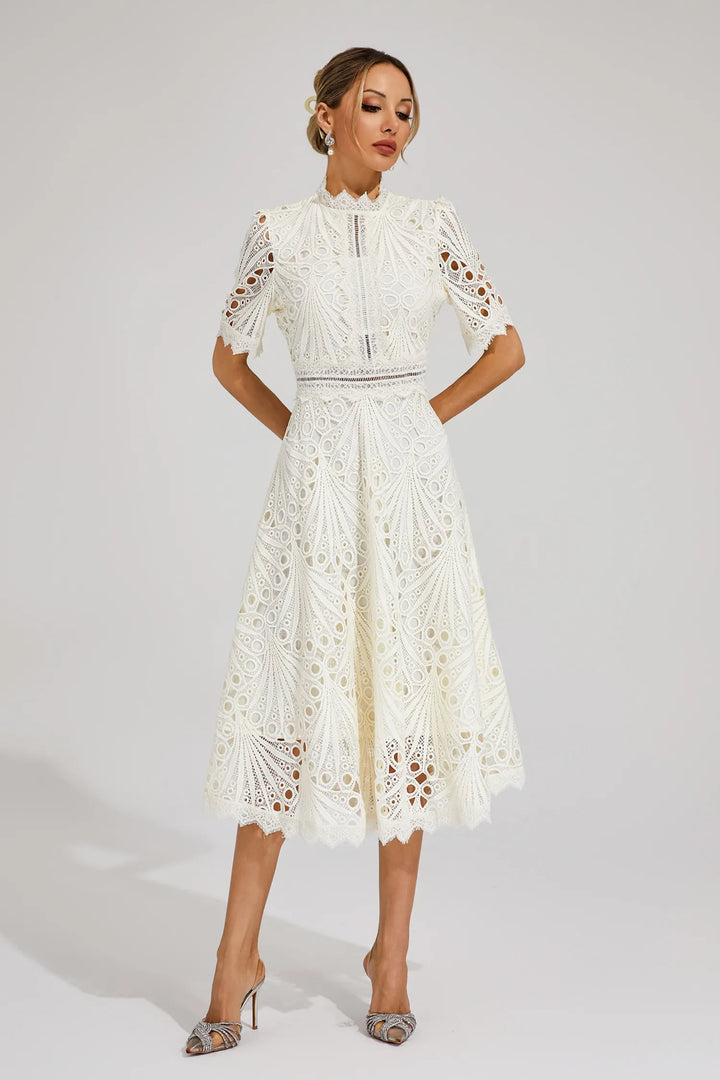 Formal women's scoop neck lace midi dress, perfect for summer wedding guests.