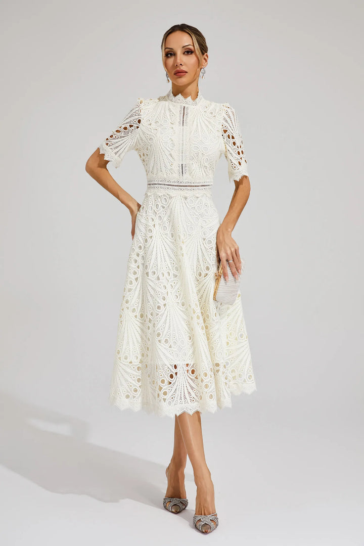 Women's chic lace midi dress, perfect for a wedding, party, or elegant special occasion.