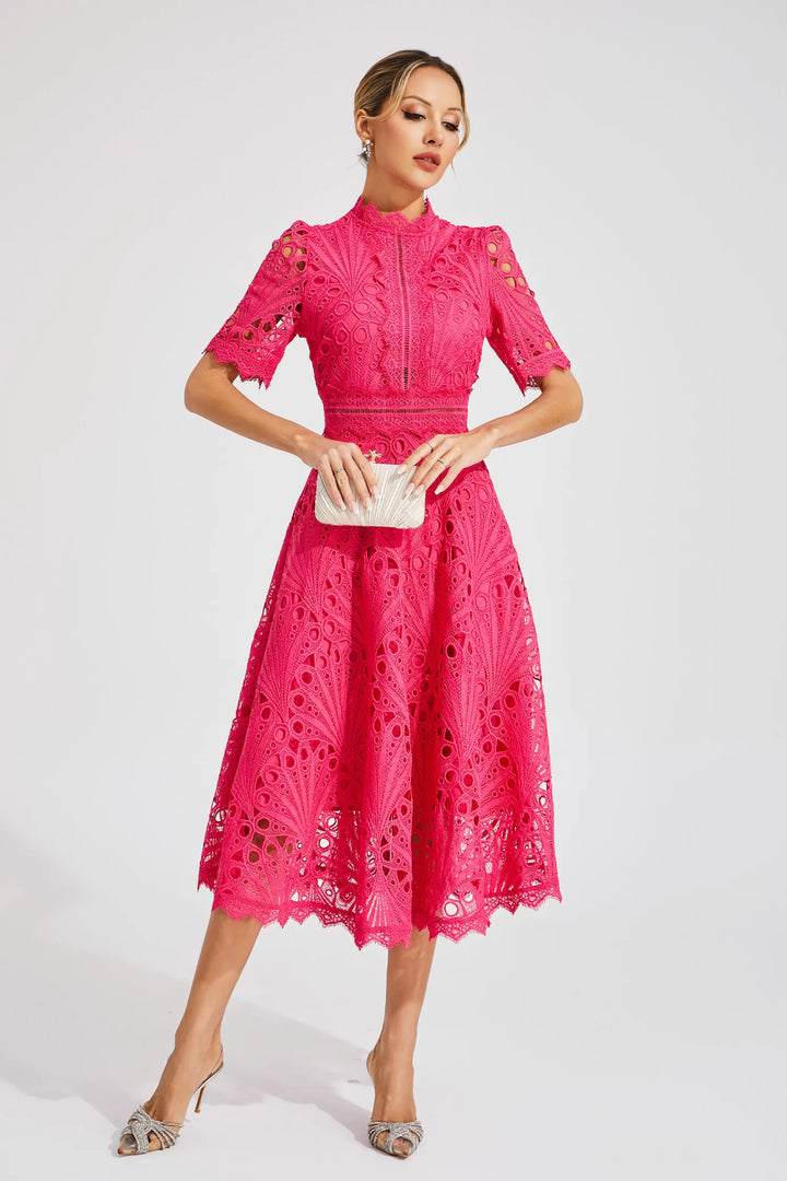 Chic women's formal lace midi dress with scoop neck, ideal for spring/summer events.