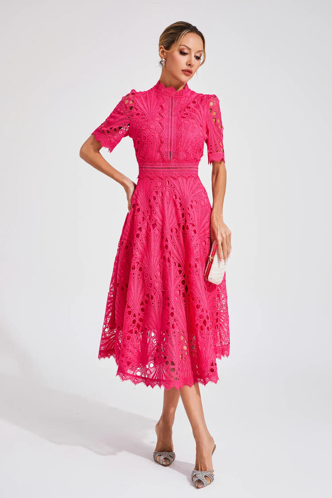 Women's elegant midi lace dress, a chic choice for weddings and special occasions.