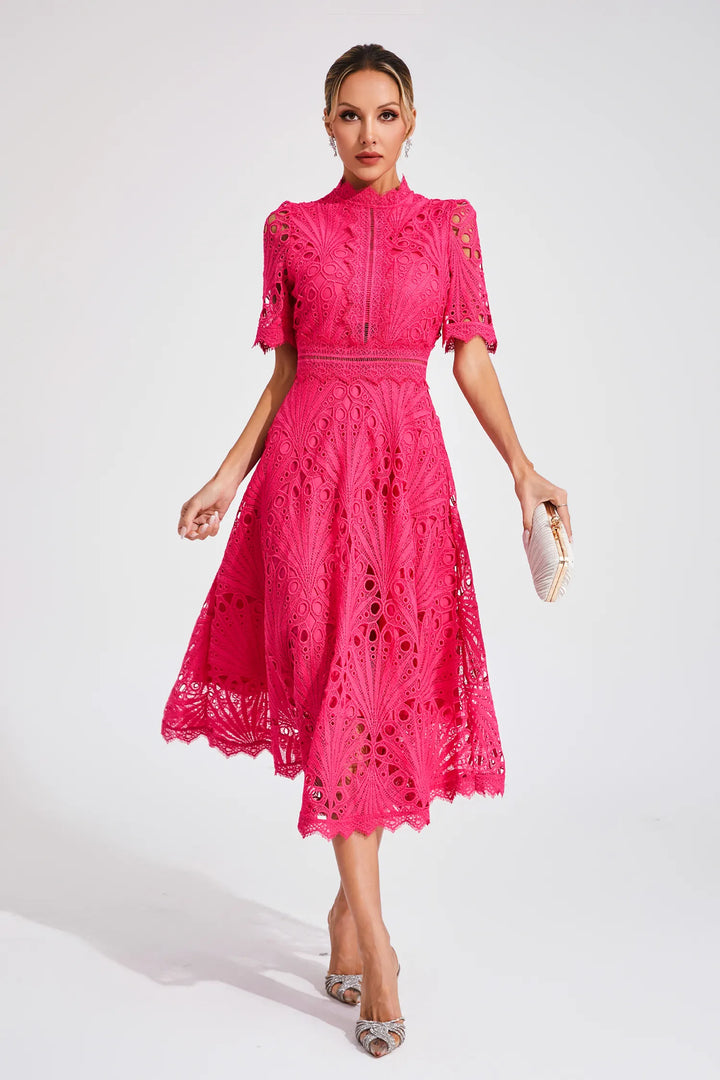 Beautiful women's lace midi dress, designed for wedding guests & formal parties.