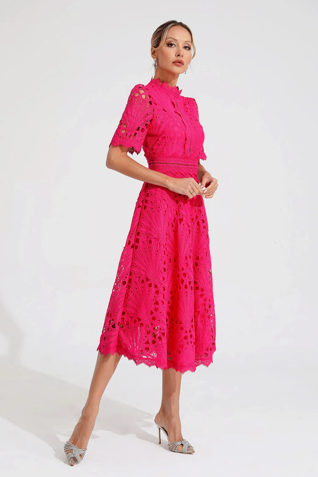 Stylish women's lace midi dress, an elegant option for summer special occasions.