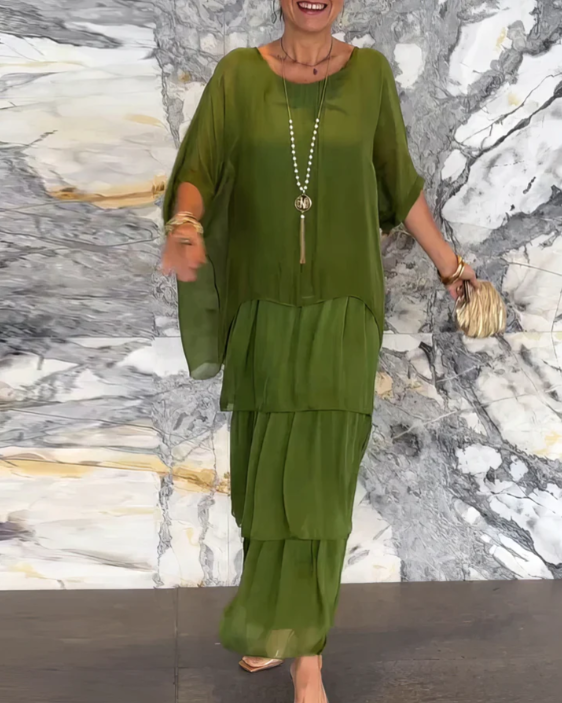 Women's elegant layered maxi dress for parties, vacation wear & special events. A-line flowy design.