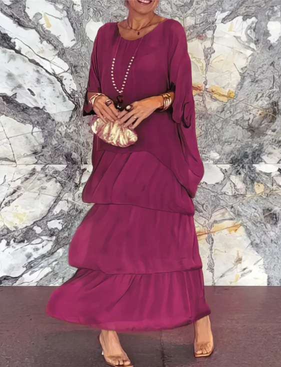 Ladies' elegant layered maxi dress. A-line flowy design for bohemian fashion, vacation, or party.