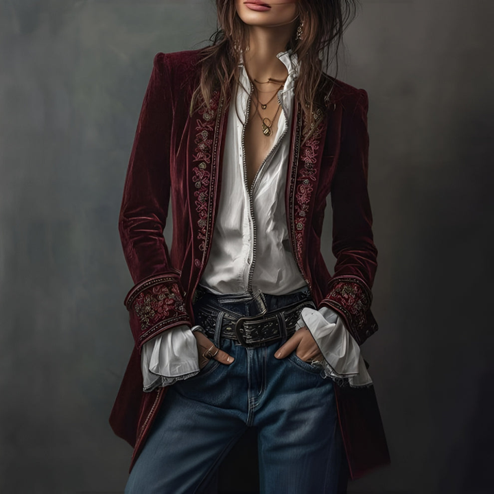 Vintage-inspired women's long embroidered blazer jacket, a designer-inspired statement piece for fashion.