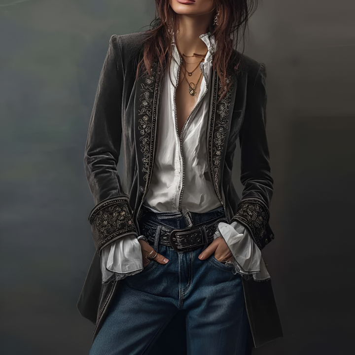 Stylish women's long blazer jacket featuring elegant embroidery, suitable for formal or smart casual wear.