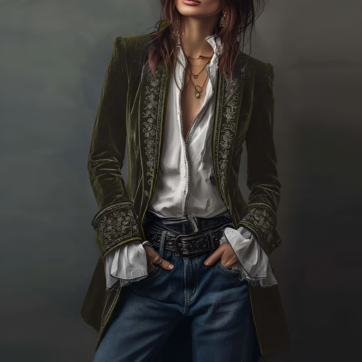Designer-inspired women's elegant long blazer jacket with beautiful embroidery, a sophisticated fashion piece.