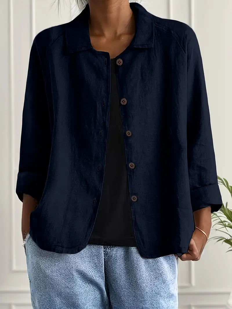 Women's collared long sleeve top, an elegant button-up blouse featuring a relaxed fit for all-day comfort.