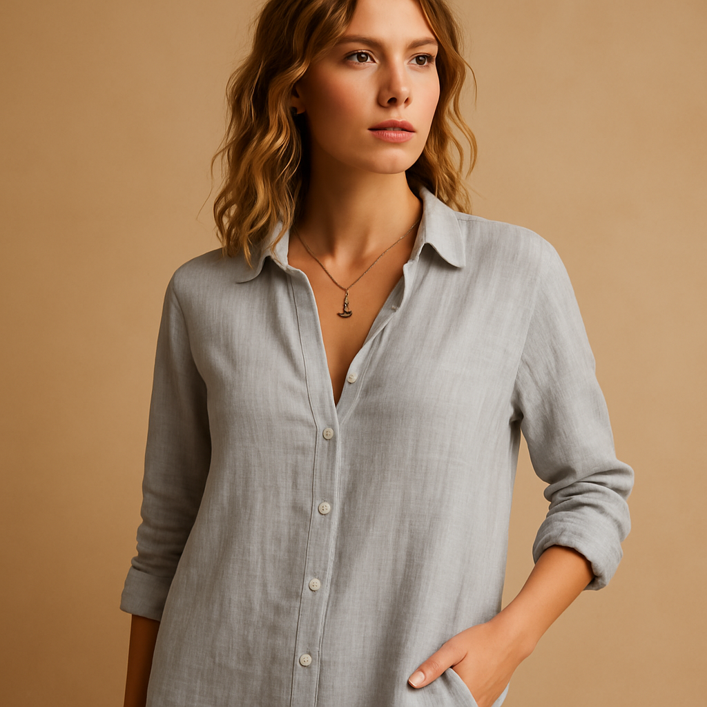 Women's elegant long sleeve blouse with a crisp lapel collar and full button placket. Perfect for work.