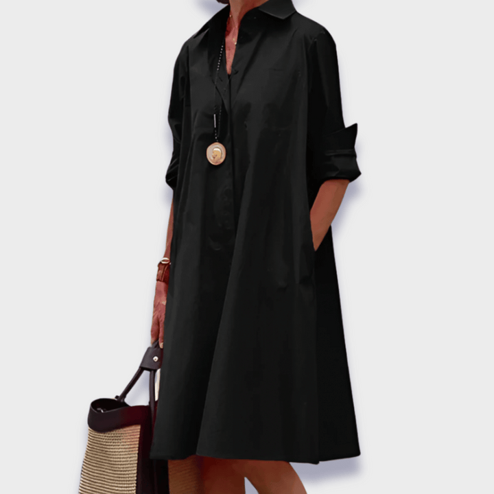 Versatile women's collared long sleeve midi dress. Flared skirt & polo style for casual elegance.