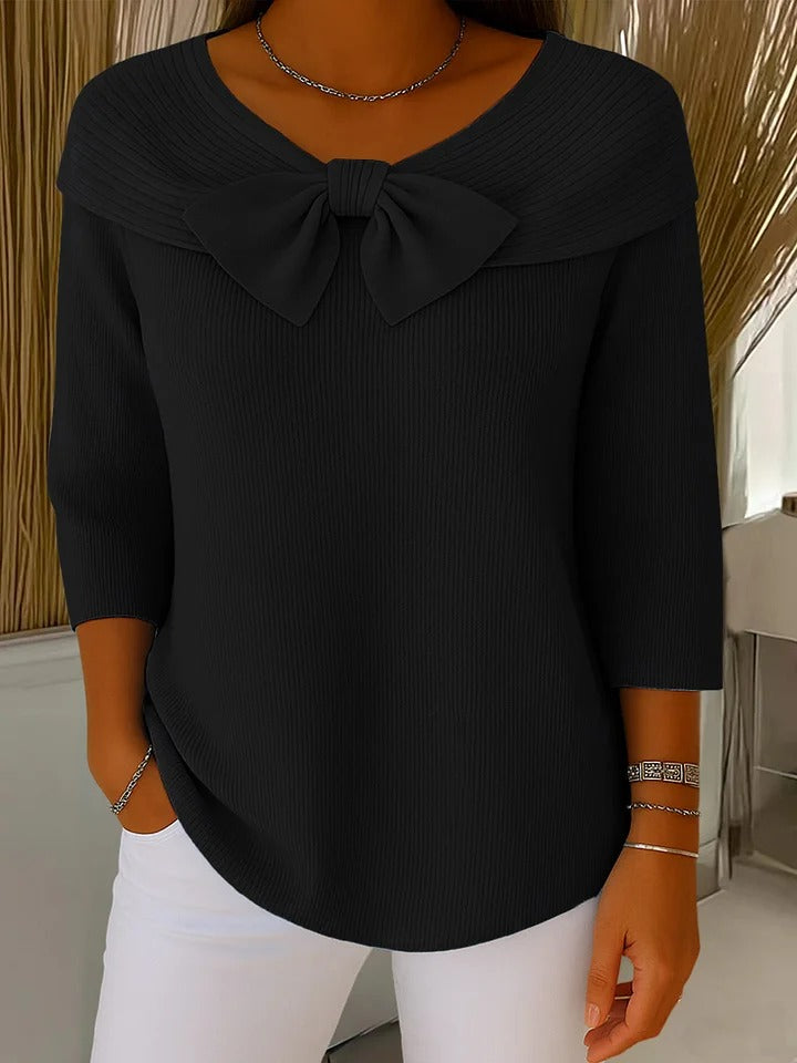 Stylish women's elegant bow detail sweater, a long sleeve chic top for fall & winter versatility.