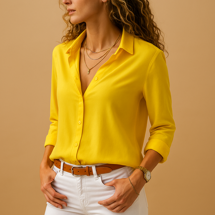 Chic women's long sleeve V-neck blouse for effortless office wear or elegant casual outfits. Ladies' apparel.