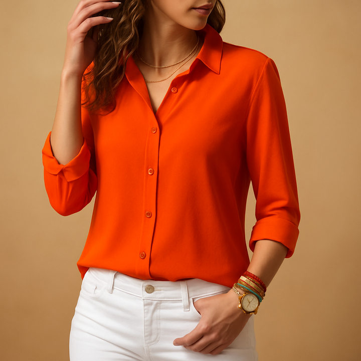 Elegant long sleeve V-neck blouse for women, a sophisticated top blending office wear with casual chic.