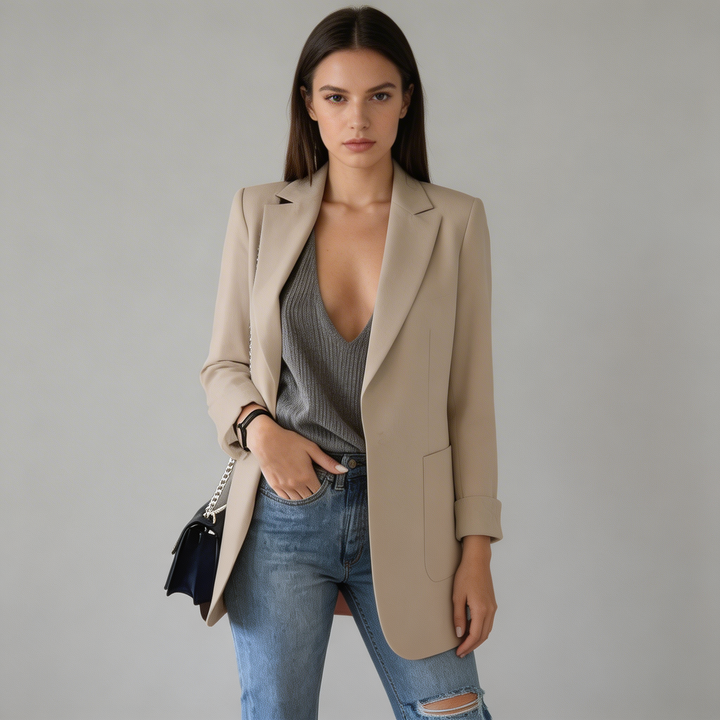 Elegant women's long slim fit blazer in classic black, perfect for professional office wear & chic workwear.