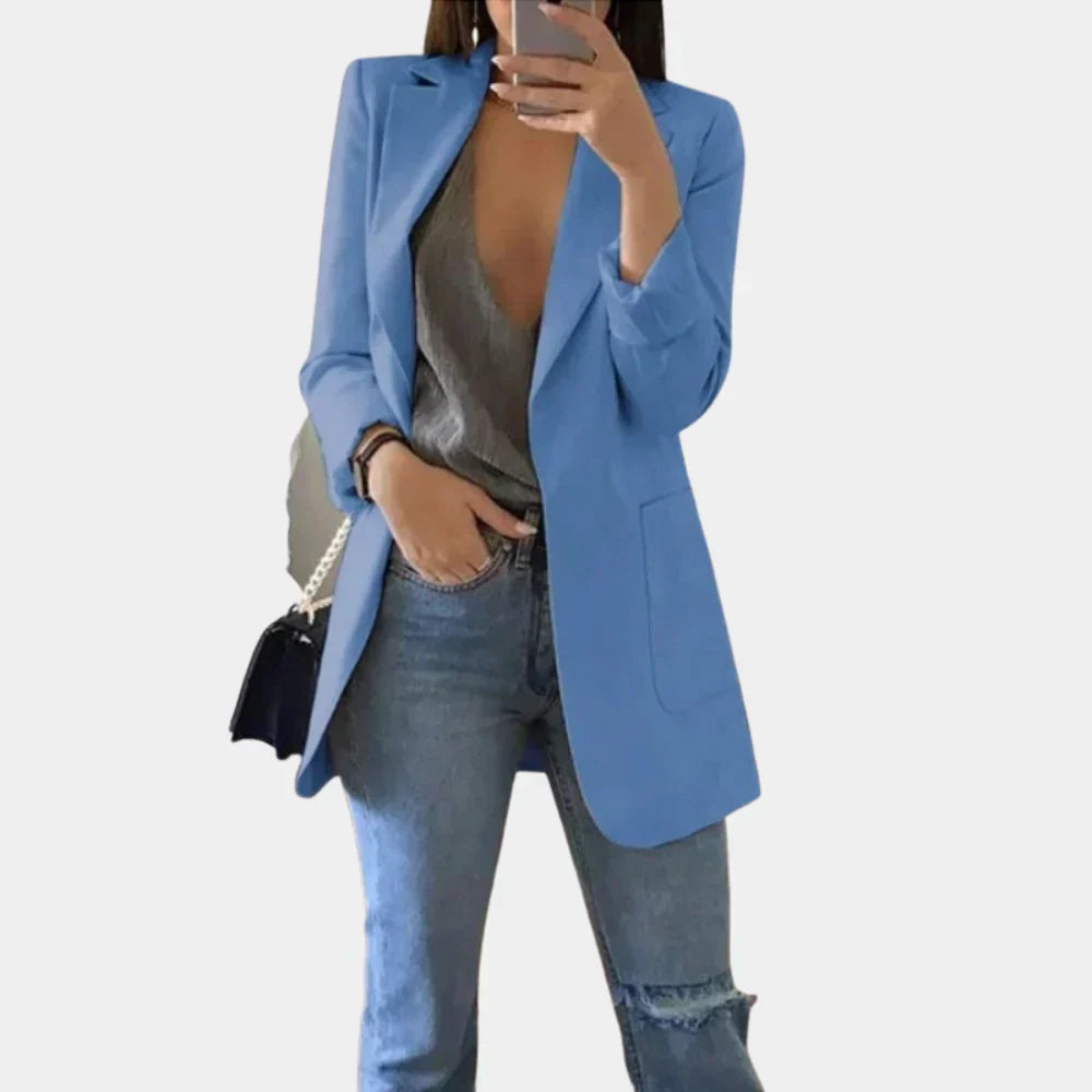 Chic ladies long blazer with a flattering slim fit, perfect as a modern tailored jacket for elegant outings.