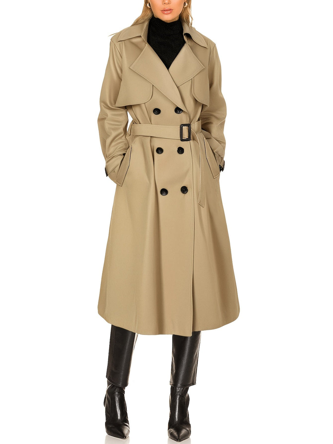 Elegant women's longline double-breasted trench coat in classic khaki for all seasons.