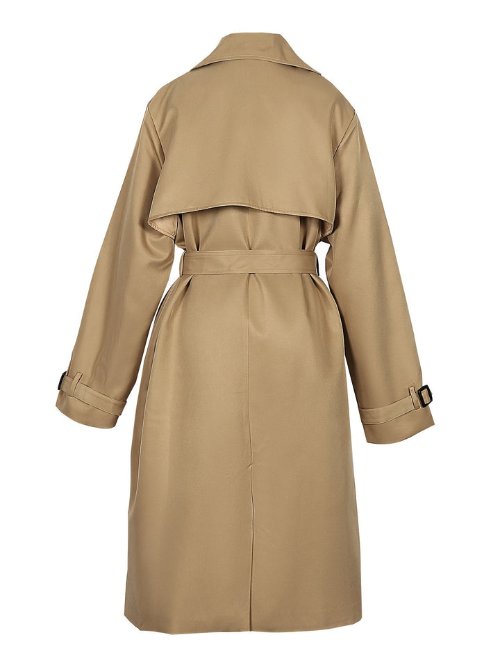 Sophisticated women's black double-breasted trench coat, ideal for office wear and elegant outfitting.