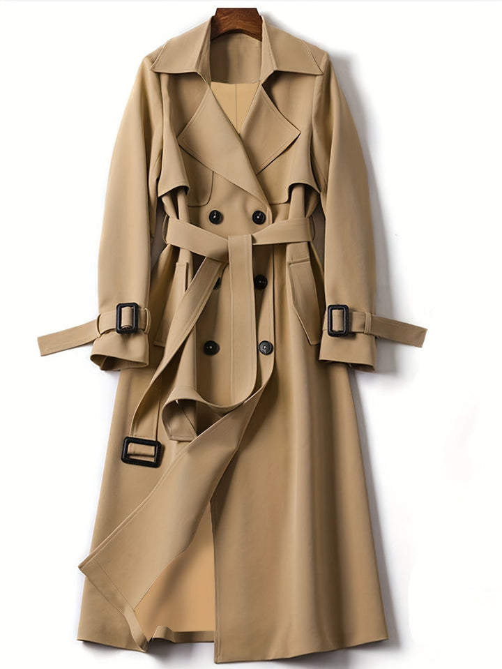 Khaki women's fashion trench coat, a versatile double-breasted outerwear piece for any season.