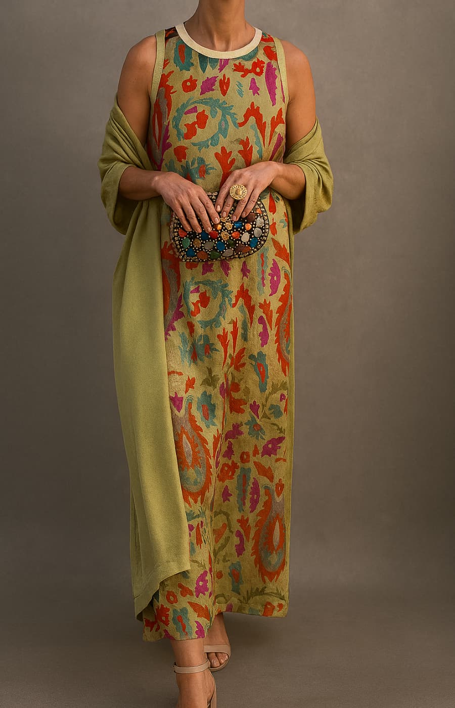 Elegant women's matching maxi dress set with open front coat. Perfect two-piece outfit for spring & summer fashion.