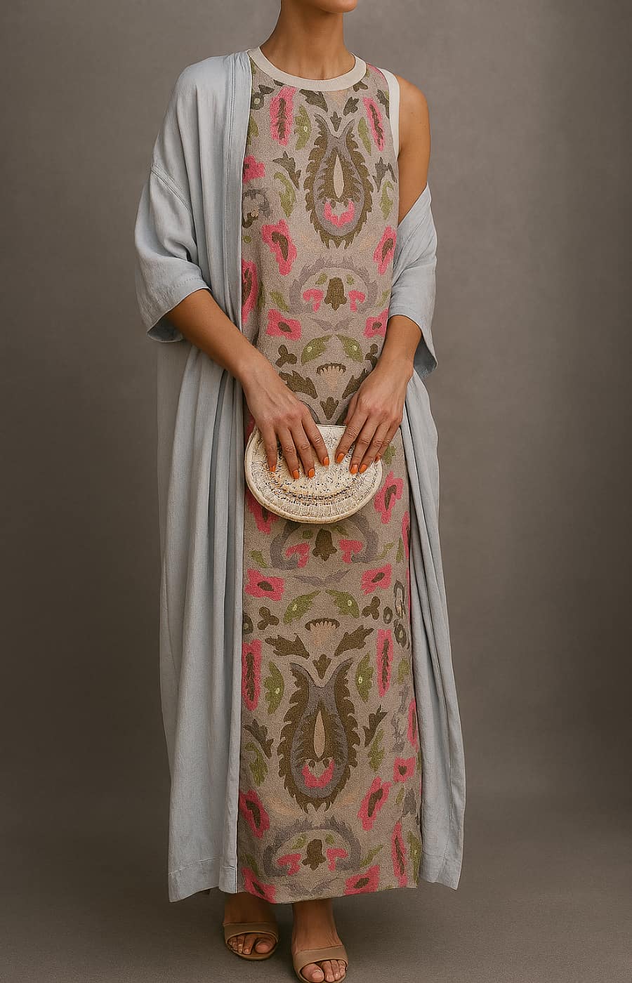 Stylish women's matching maxi dress set with flowing open front coat. Comfortable & elegant two-piece for summer apparel.