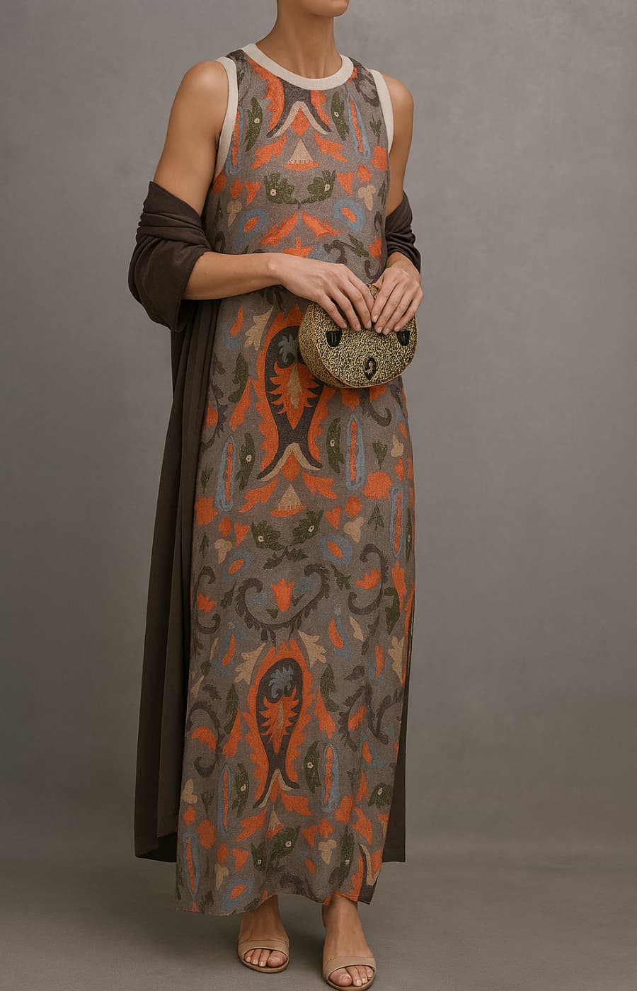 Modern women's matching two-piece maxi dress set & open front coat. Elegant spring/summer fashion, versatile sleeveless design.