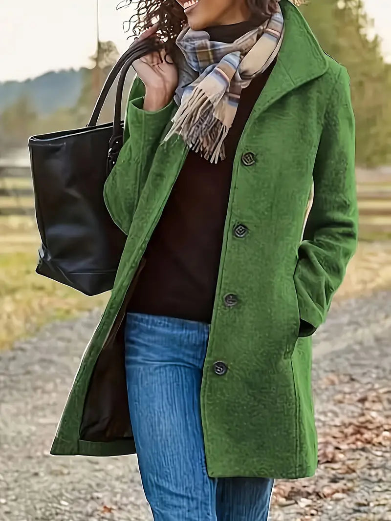 Women's mid-length button-front trench coat with a chic lapel collar, an essential piece for seasonal outerwear.
