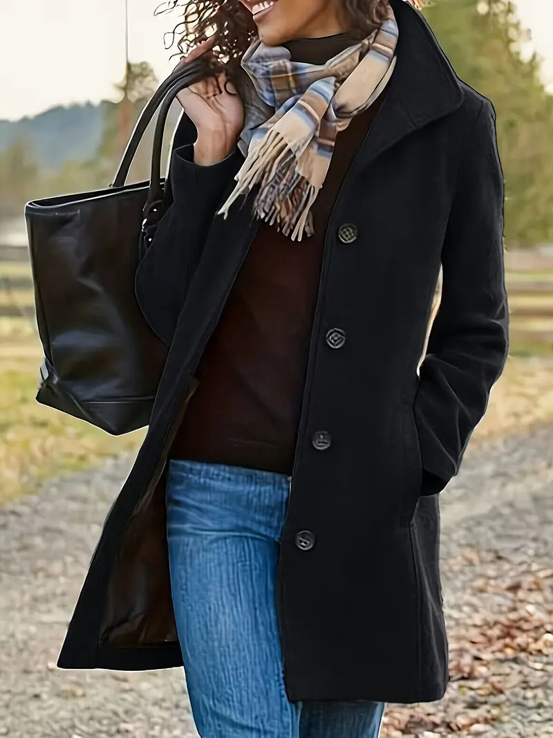 Trendy women's mid-length button coat, warm seasonal outerwear ideal for fall fashion & chic winter layering.