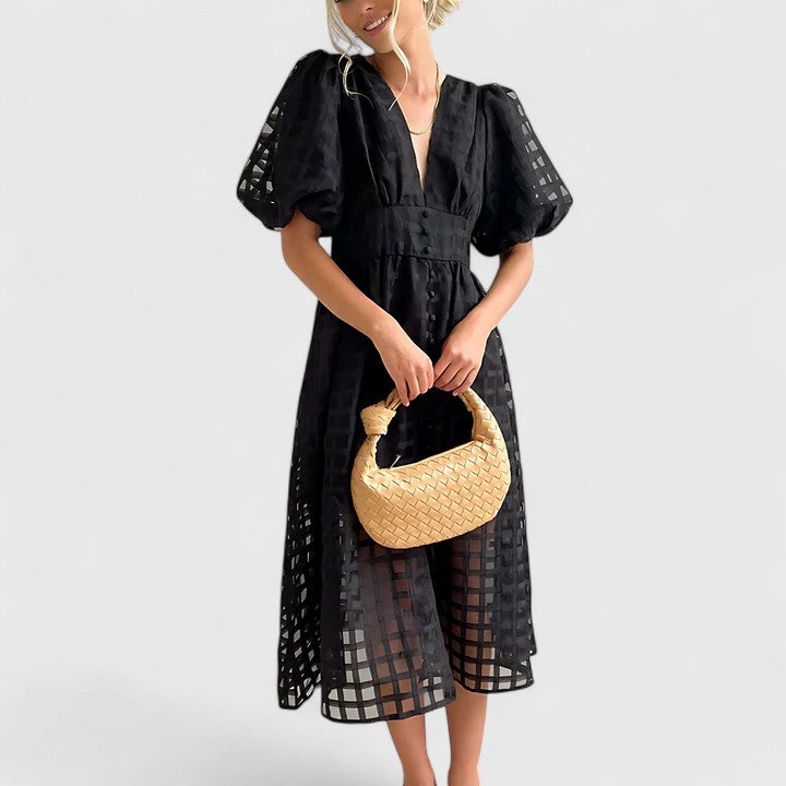 Elegant women's midi dress for versatile styling. Chic design perfect for casual, formal, party, or wedding guest events.