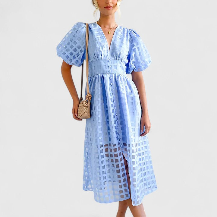 Beautiful women's spring midi dress. Elegant and chic, suitable for summer casual or formal occasions.